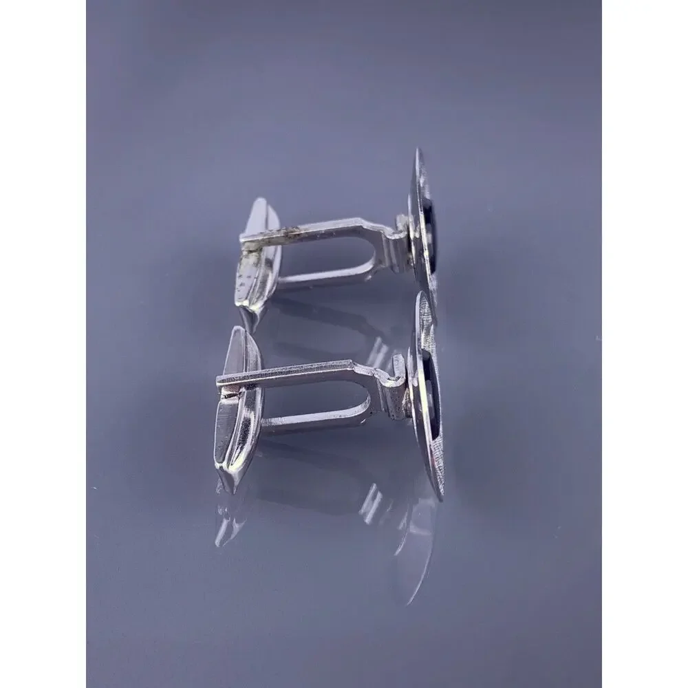 Black Obsidian Sterling Silver Cufflinks Oval Etched Leaves Simple JML Vintage